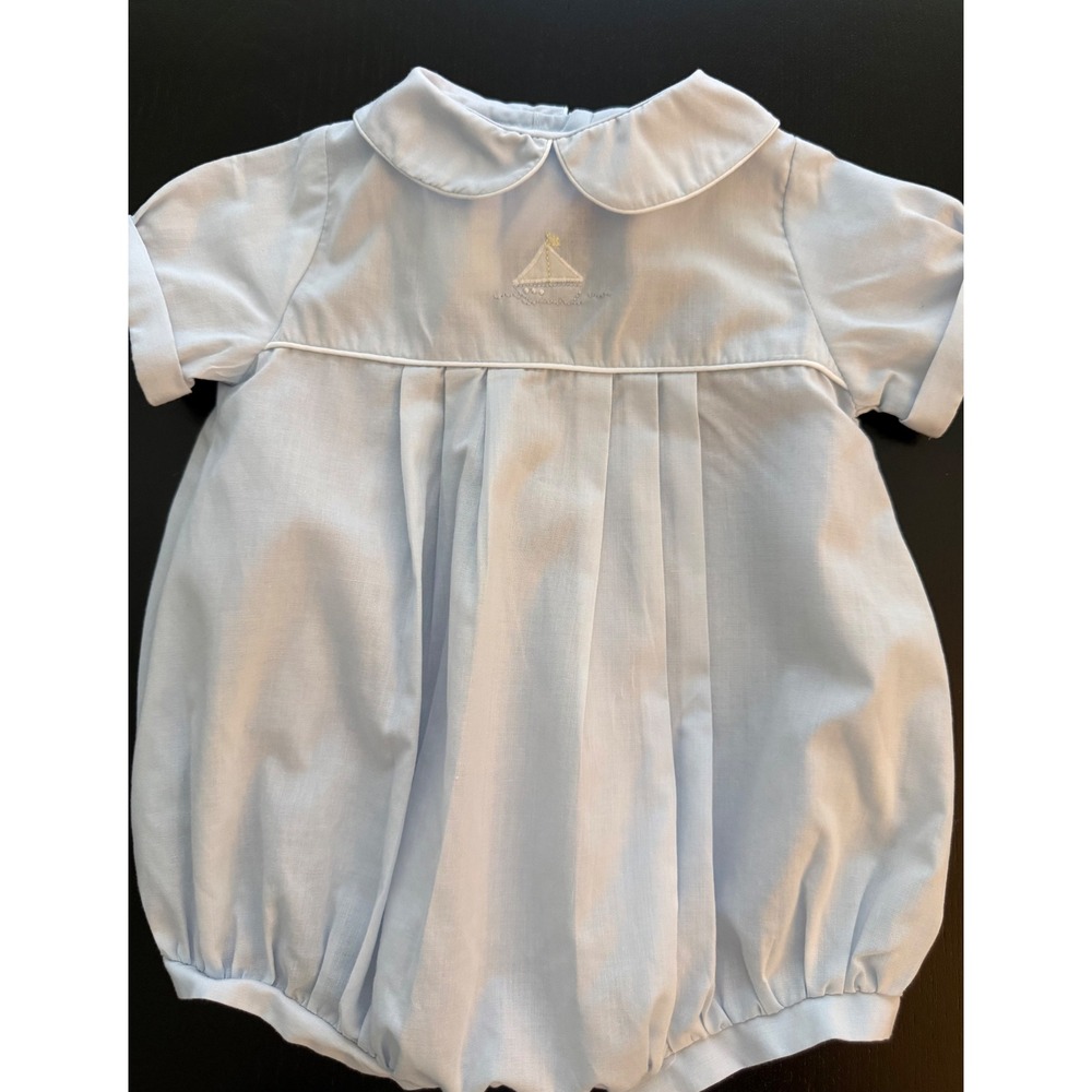 Petit Ami Newborn Baby Boy Pleated Bubble Light Blue Hand Embroidered Sailboat
